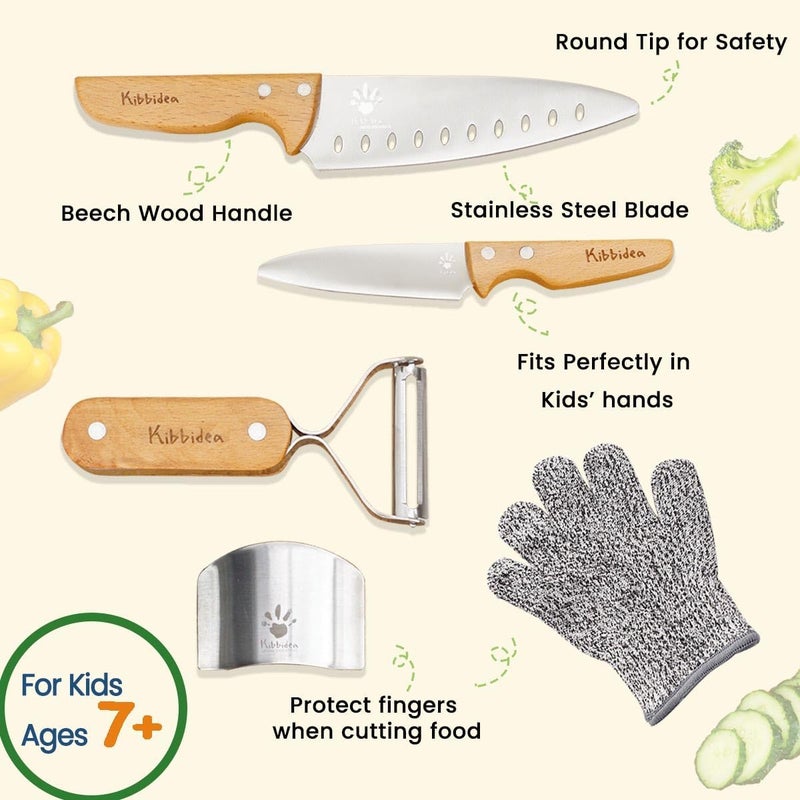 Kibbidea Kids Knife Set 4-Pieces, Stainless Steel, Wooden Handle Kids Knives for Real Cooking, Child Friendly Chef Knife for Cutting Chopping, BPA-free Kitchen Knives for Teenager 8-12 - Image 3